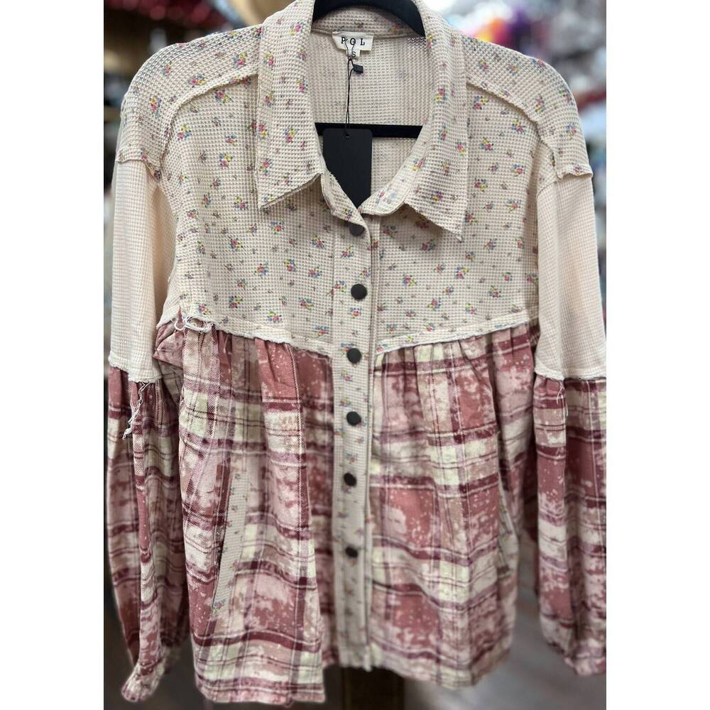 POL Mixed-Print Button Front Shirt in Cream and Rose
